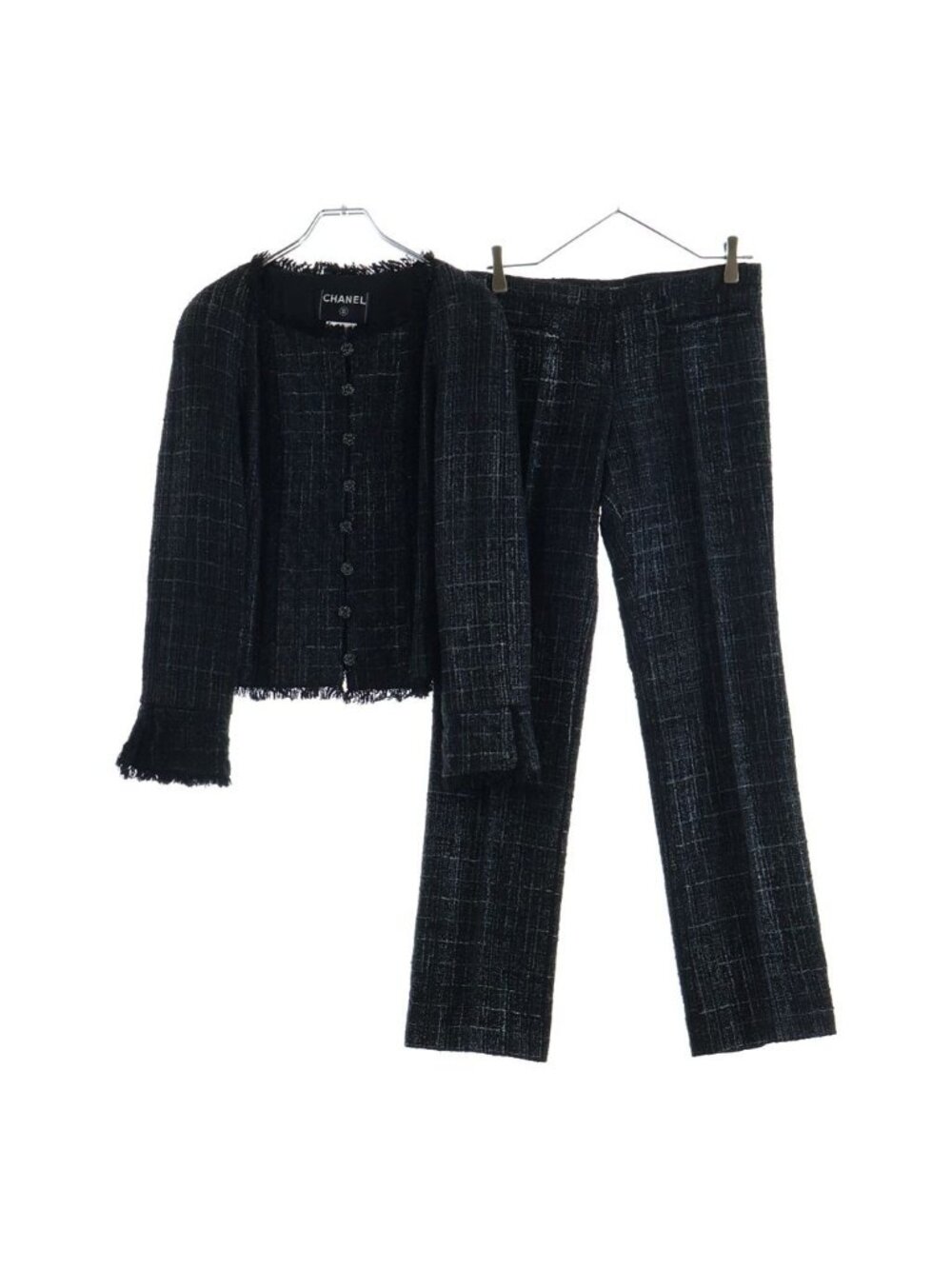 Chanel CC Logo Tweed Set Jacket Pants Black Rhinestone